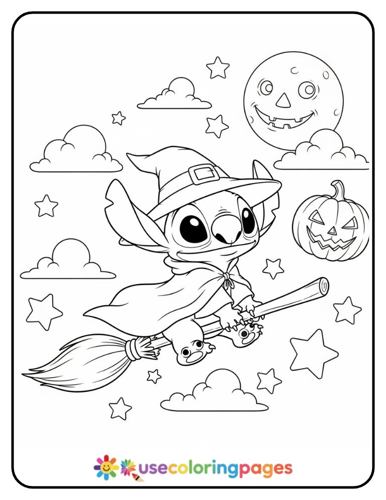 Witch Stitch Flying on a Broom Coloring Page