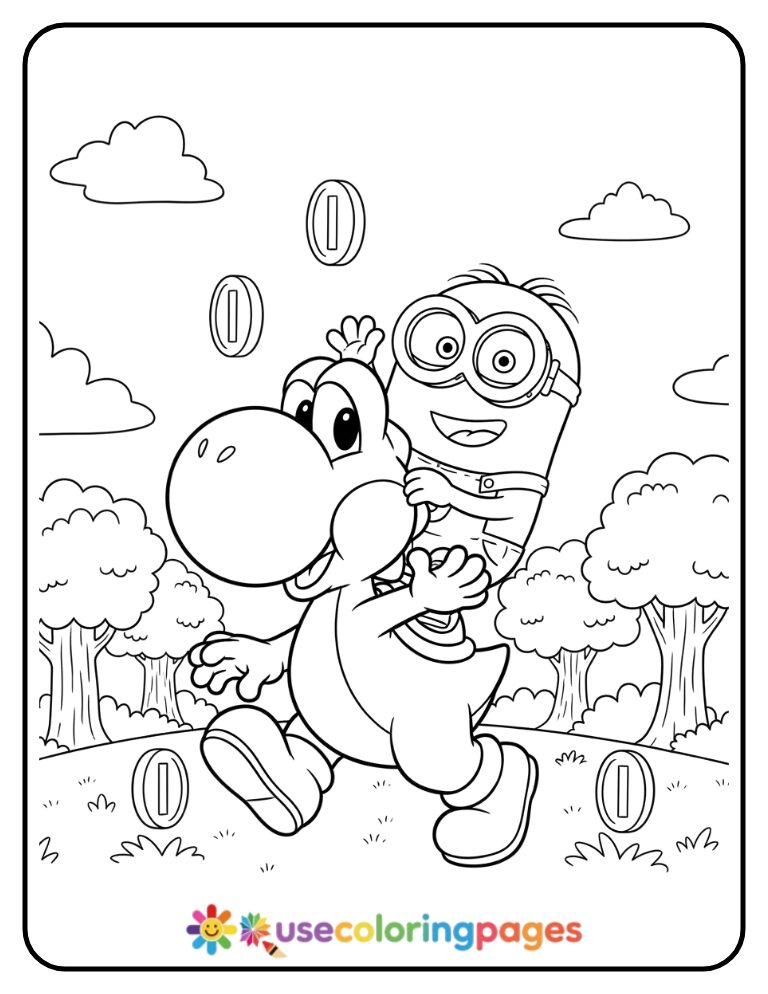 Yoshi Giving a Ride to a Minion Coloring Page