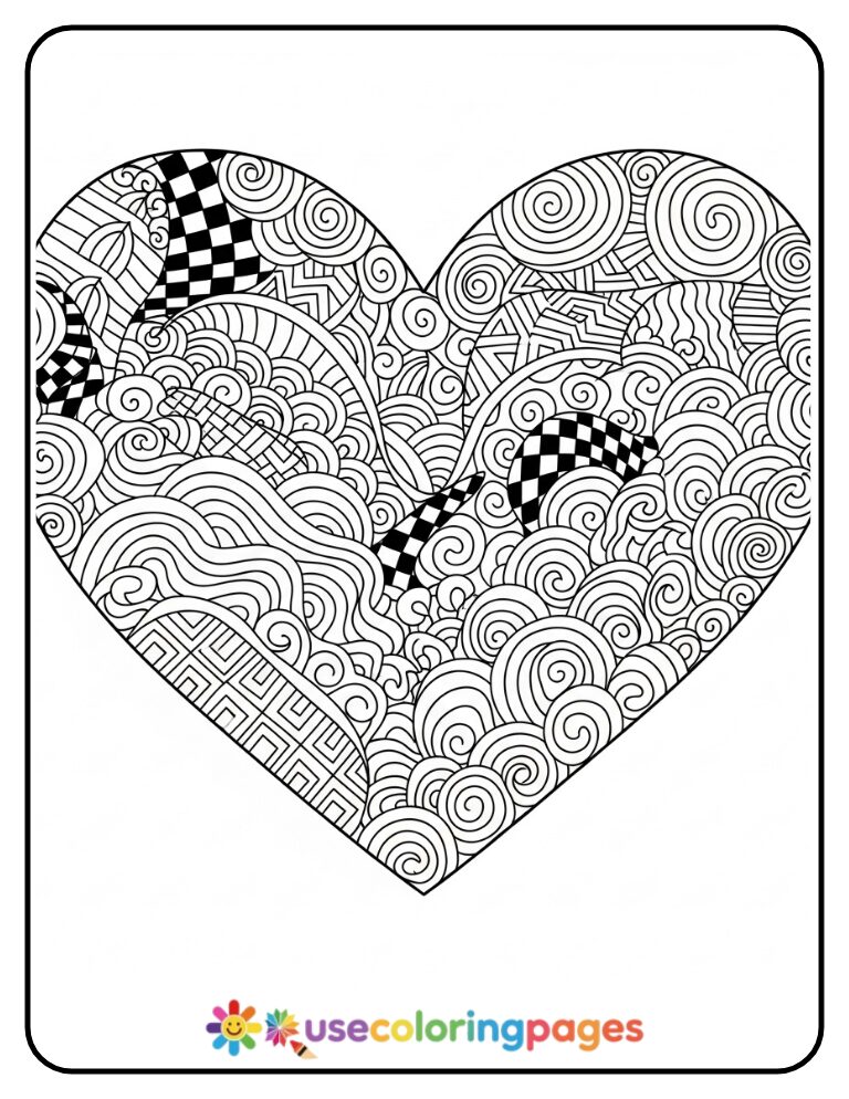 Zentangle Heart Pattern Coloring Page